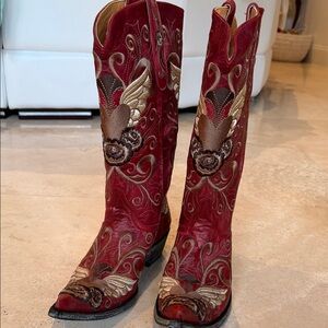 Old Gringo Grace 13” Red and Brown Embroidered Heart Heeled Boots